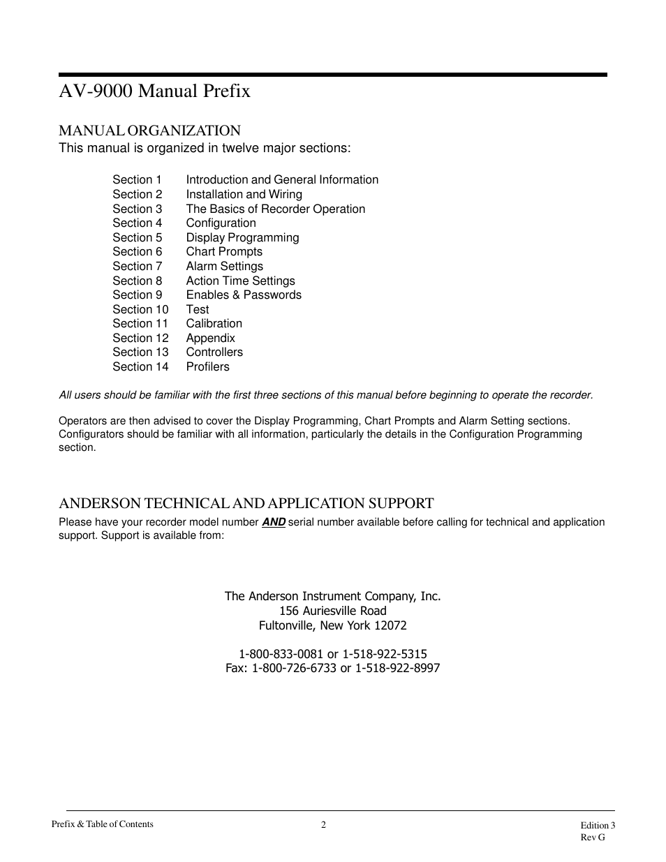 Av-9000 manual prefix, Manual organization, Anderson technical and application support | Anderson Manufacturing AV-9000 User Manual | Page 5 / 321