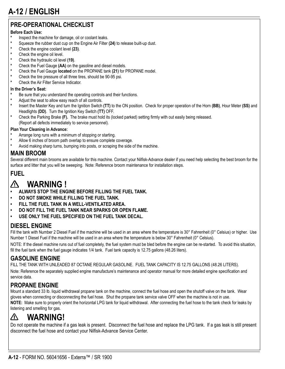 Warning, A-12 / english, Pre-operational checklist | Main broom, Fuel, Diesel engine, Gasoline engine, Propane engine | Nilfisk-ALTO SR 1900 User Manual | Page 12 / 52