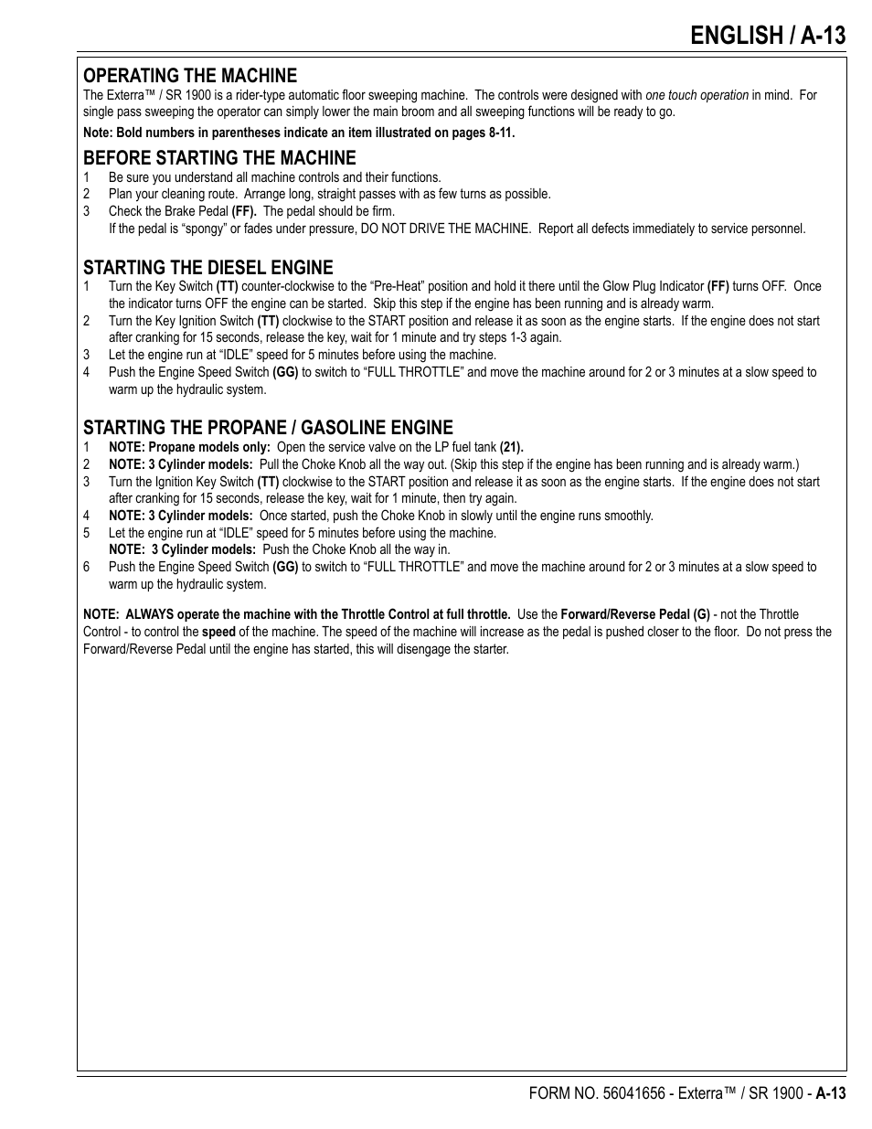 English / a-13, Operating the machine, Before starting the machine | Starting the diesel engine, Starting the propane / gasoline engine | Nilfisk-ALTO SR 1900 User Manual | Page 13 / 52