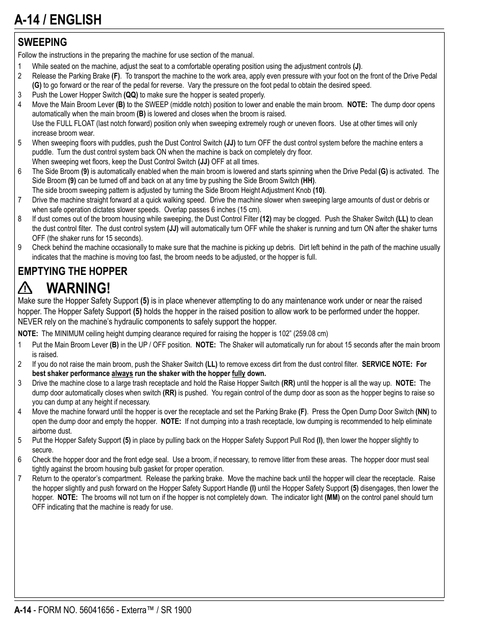 Warning, A-14 / english, Sweeping | Emptying the hopper | Nilfisk-ALTO SR 1900 User Manual | Page 14 / 52