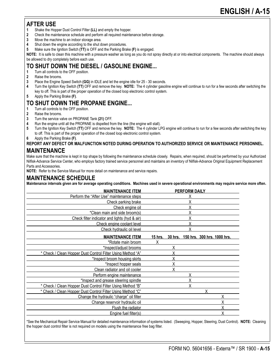 English / a-15, After use, Maintenance | Maintenance schedule | Nilfisk-ALTO SR 1900 User Manual | Page 15 / 52