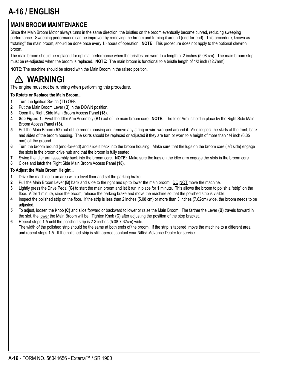 Warning, A-16 / english, Main broom maintenance | Nilfisk-ALTO SR 1900 User Manual | Page 16 / 52