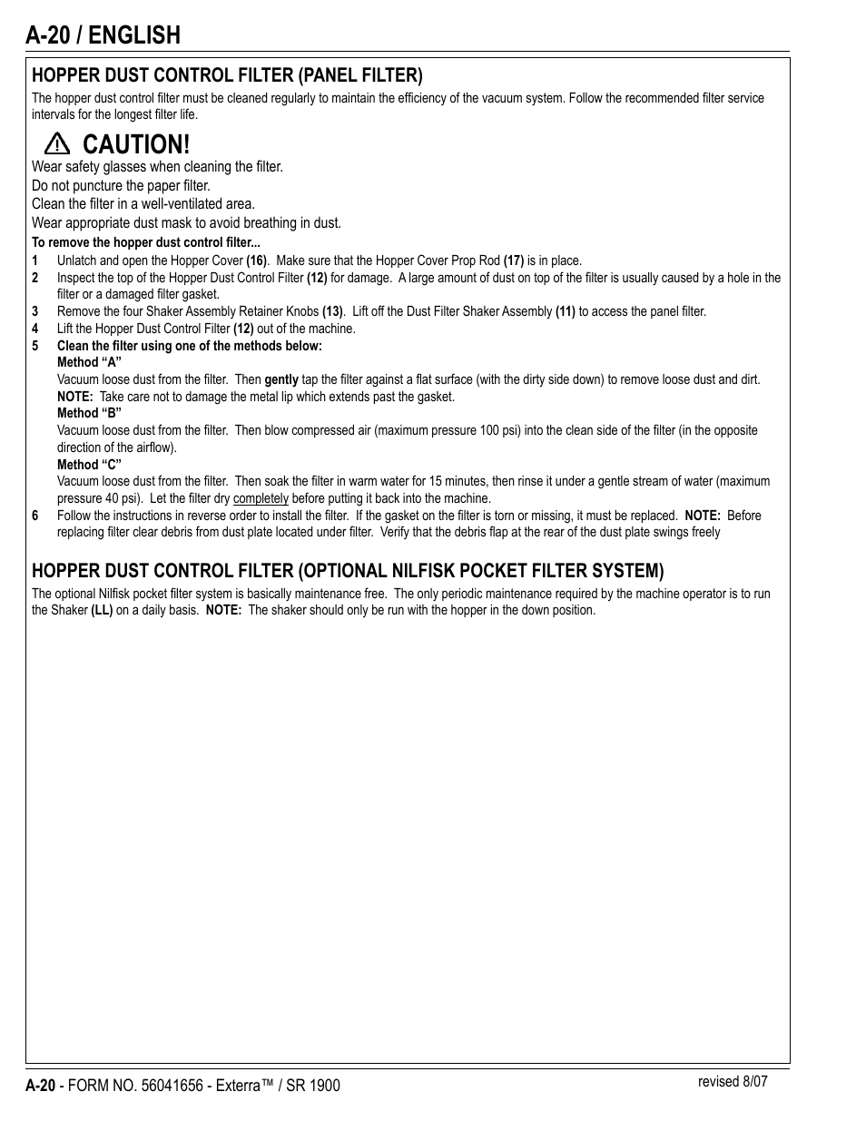 Caution, A-20 / english, Hopper dust control filter (panel filter) | Nilfisk-ALTO SR 1900 User Manual | Page 20 / 52