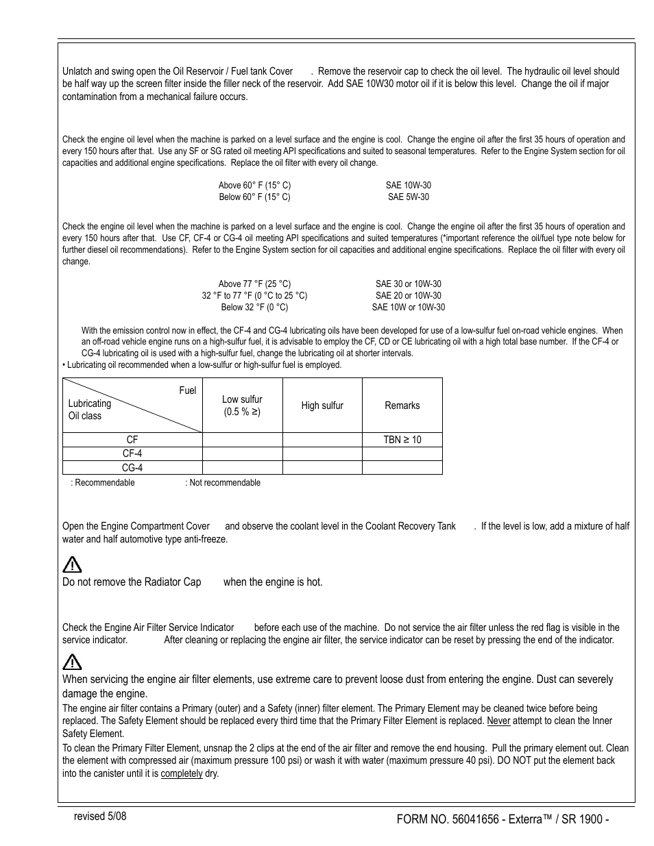 Caution, English / a-21, Hydraulic oil | Engine oil – gasoline (petrol) & lpg, Engine oil - diesel, Engine coolant, Engine air filter | Nilfisk-ALTO SR 1900 User Manual | Page 21 / 52