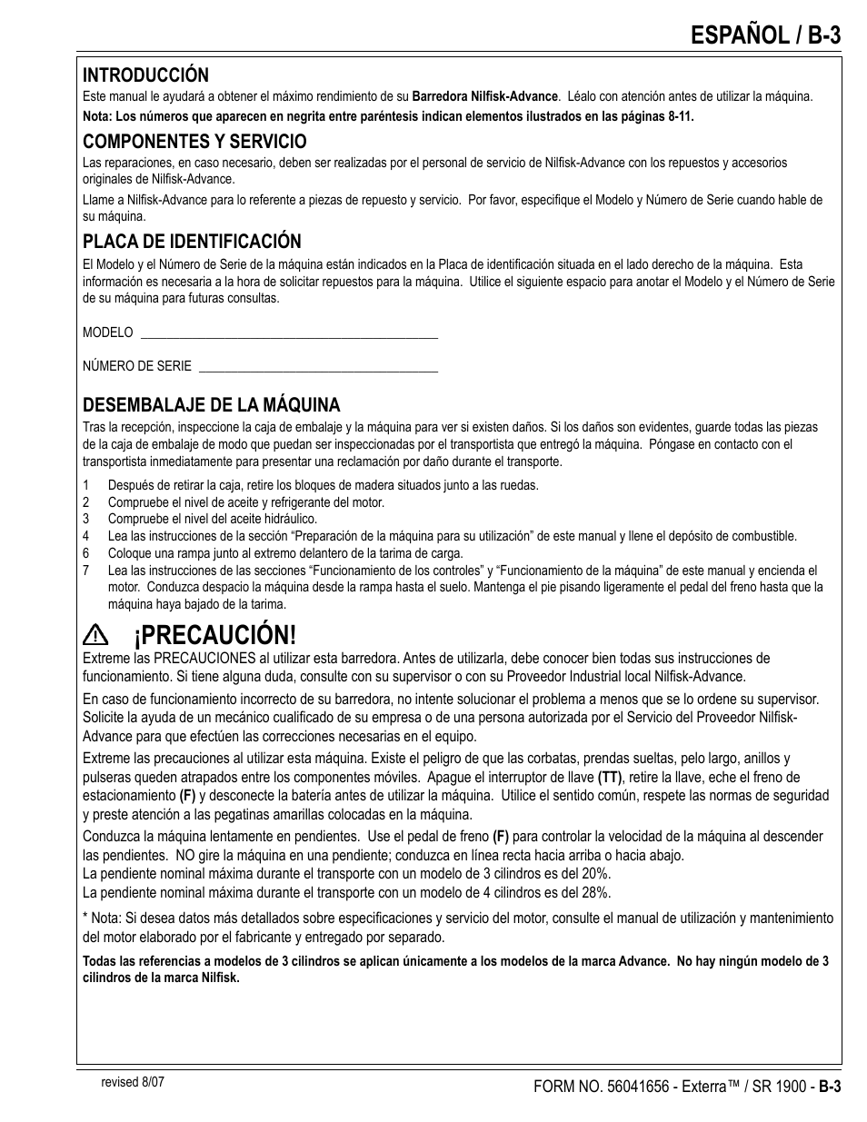 Precaución, Español / b-3 | Nilfisk-ALTO SR 1900 User Manual | Page 27 / 52