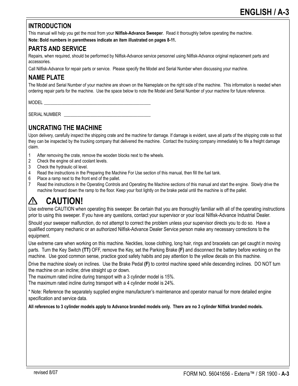 Caution, English / a-3 | Nilfisk-ALTO SR 1900 User Manual | Page 3 / 52