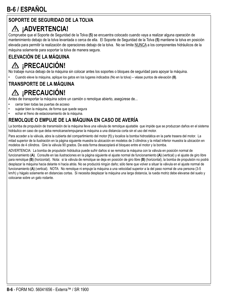 Advertencia, Precaución, B-6 / español | Nilfisk-ALTO SR 1900 User Manual | Page 30 / 52