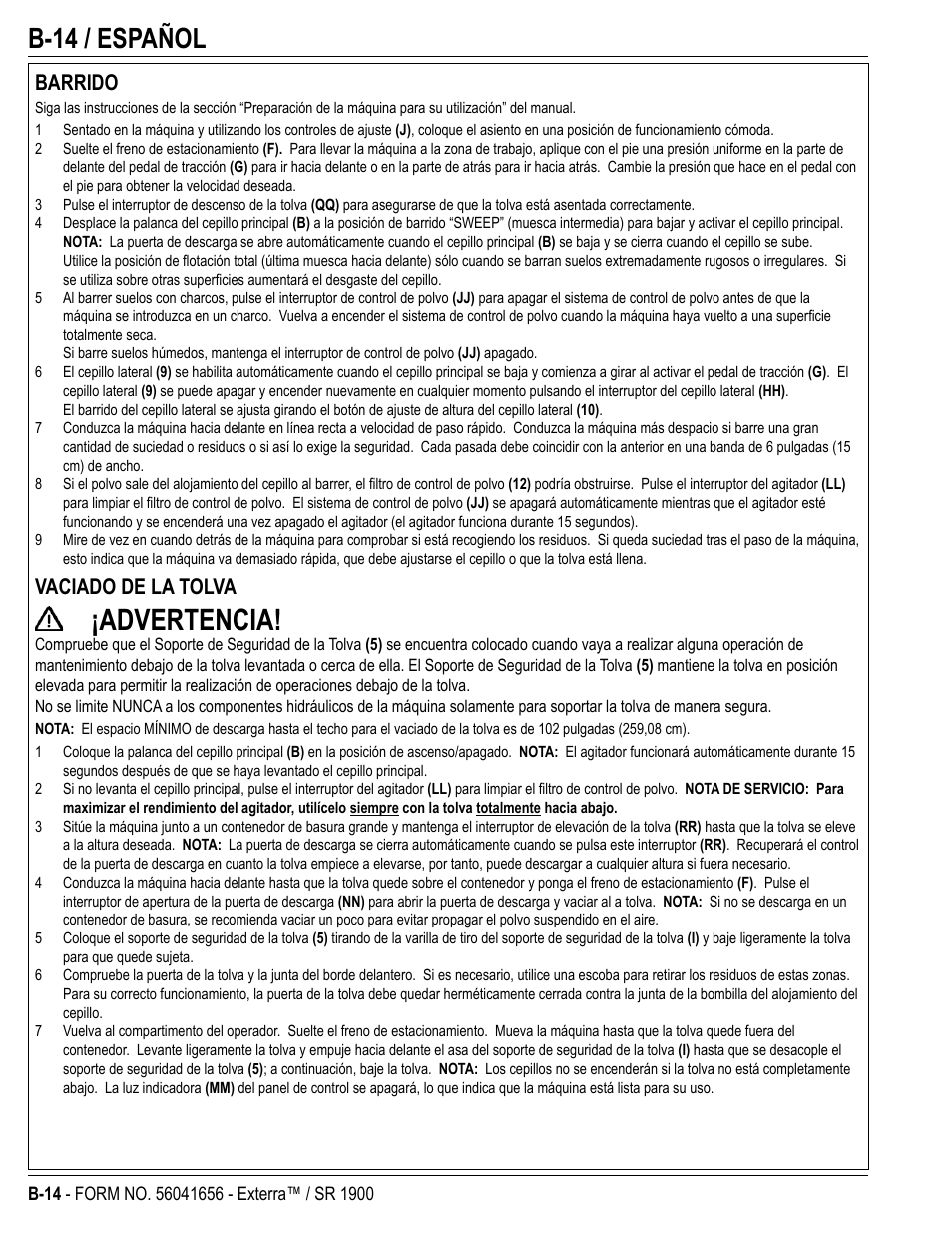 Advertencia, B-14 / español, Barrido | Vaciado de la tolva | Nilfisk-ALTO SR 1900 User Manual | Page 38 / 52
