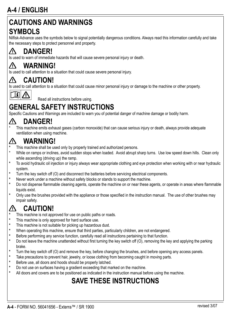 Cautions and warnings symbols, Danger, Warning | Caution, General safety instructions, Save these instructions, A-4 / english | Nilfisk-ALTO SR 1900 User Manual | Page 4 / 52
