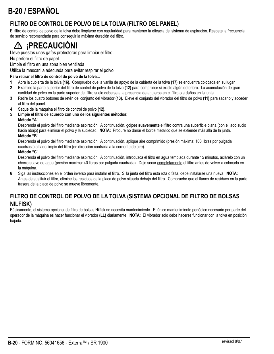 Precaución, B-20 / español | Nilfisk-ALTO SR 1900 User Manual | Page 44 / 52