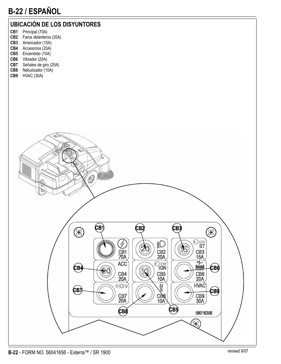 B-22 / español, Ubicación de los disyuntores | Nilfisk-ALTO SR 1900 User Manual | Page 46 / 52