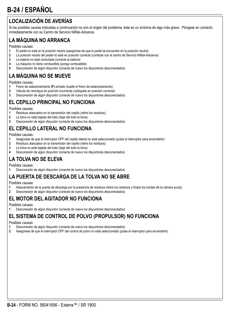 B-24 / español, Localización de averías, La máquina no arranca | La máquina no se mueve, El cepillo principal no funciona, El cepillo lateral no funciona, La tolva no se eleva, La puerta de descarga de la tolva no se abre, El motor del agitador no funciona | Nilfisk-ALTO SR 1900 User Manual | Page 48 / 52