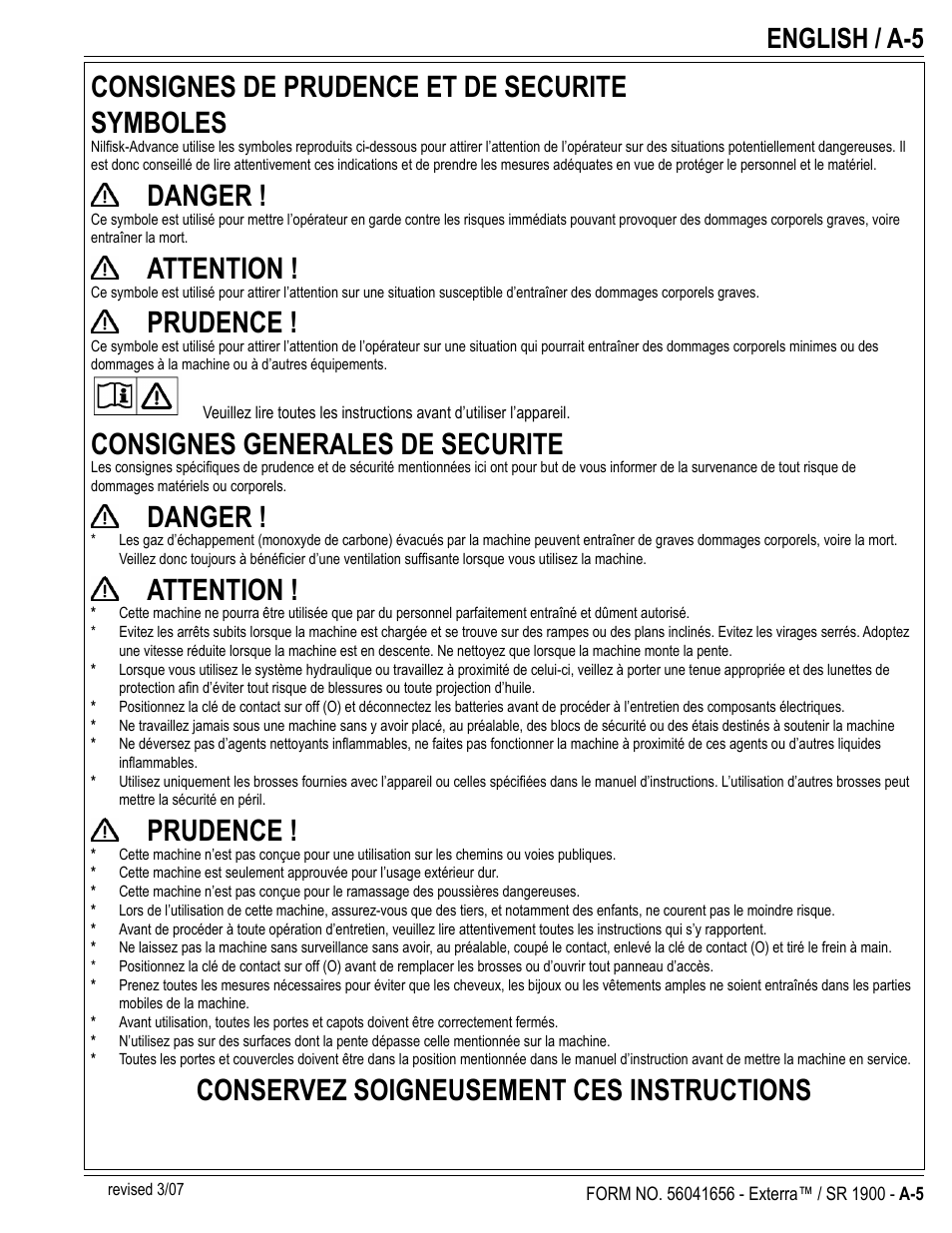 Consignes de prudence et de securite symboles, Danger, Attention | Prudence, Consignes generales de securite, Conservez soigneusement ces instructions, English / a-5 | Nilfisk-ALTO SR 1900 User Manual | Page 5 / 52