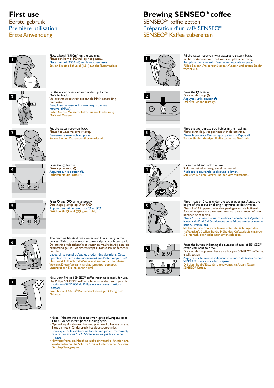 First use, Brewing senseo, Coffee | Senseo, Koffie zetten préparation d’un café senseo, Kaffee zubereiten | Philips SENSEO® Viva Café Kaffeepadmaschine User Manual | Page 2 / 2