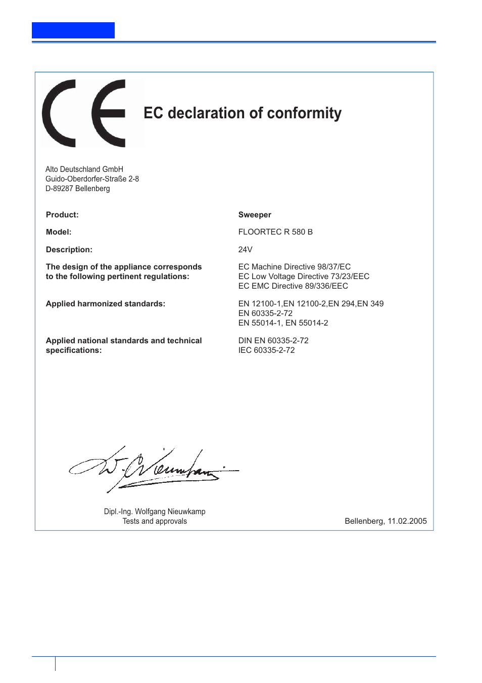 Ec certificate of conformity, Ghfodudwlrqrifrqiruplw | Nilfisk-ALTO R 580 B User Manual | Page 20 / 24