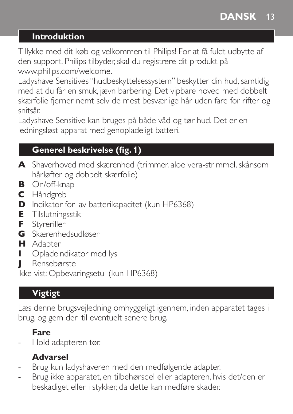 Dansk | Philips Ladyshave Sensitive User Manual | Page 13 / 116