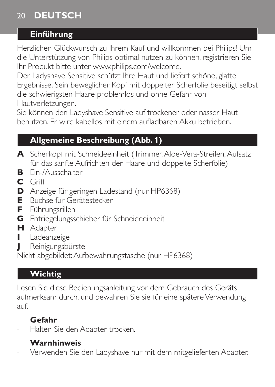 Deutsch, Deutsch 20 | Philips Ladyshave Sensitive User Manual | Page 20 / 116