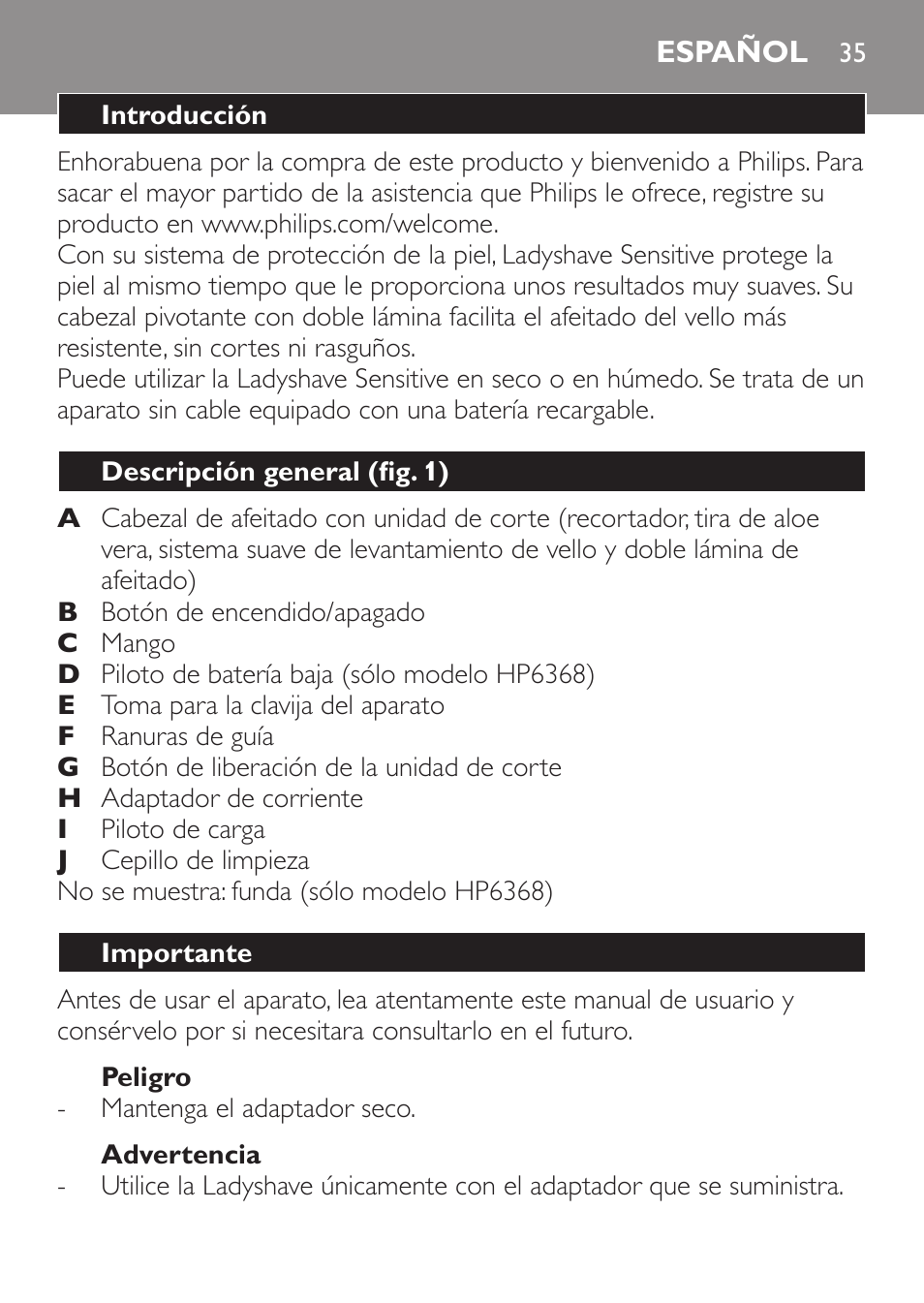 Español | Philips Ladyshave Sensitive User Manual | Page 35 / 116