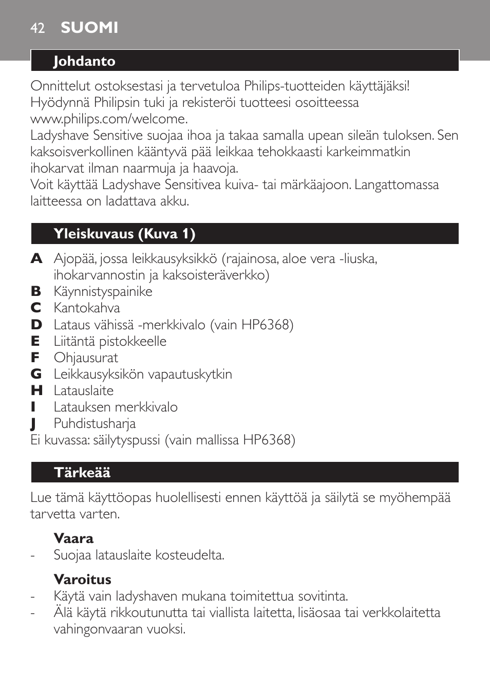 Suomi, Suomi 4 | Philips Ladyshave Sensitive User Manual | Page 42 / 116