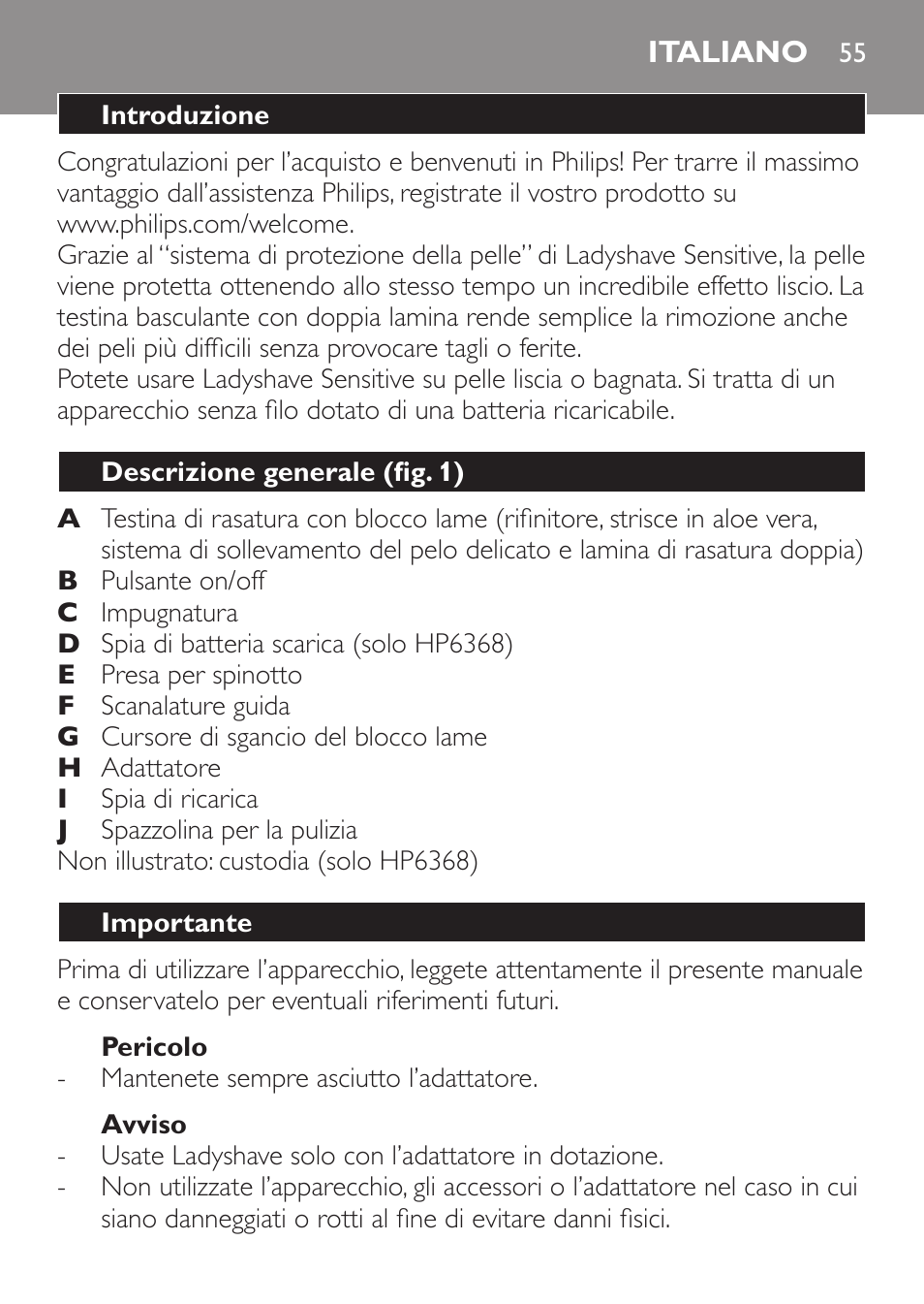 Italiano | Philips Ladyshave Sensitive User Manual | Page 55 / 116