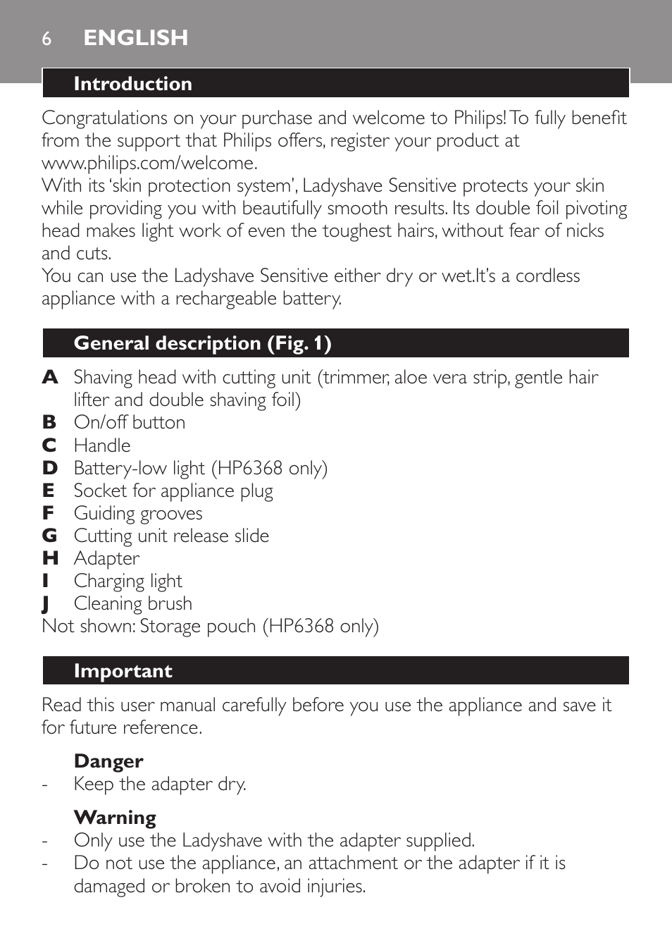 Philips Ladyshave Sensitive User Manual | Page 6 / 116