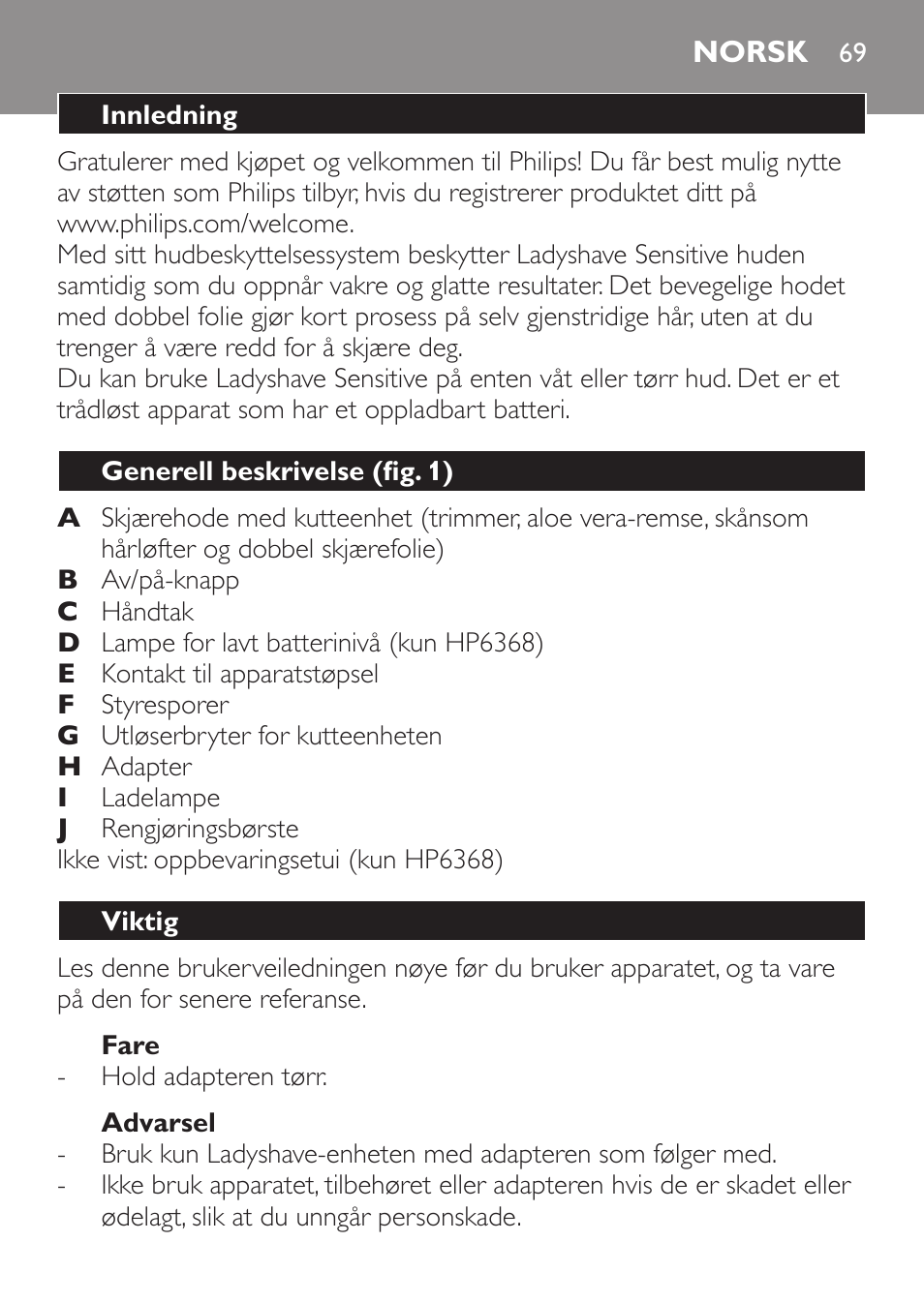 Norsk, Norsk 69 | Philips Ladyshave Sensitive User Manual | Page 69 / 116