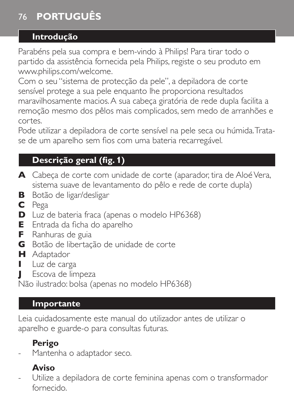 Português | Philips Ladyshave Sensitive User Manual | Page 76 / 116