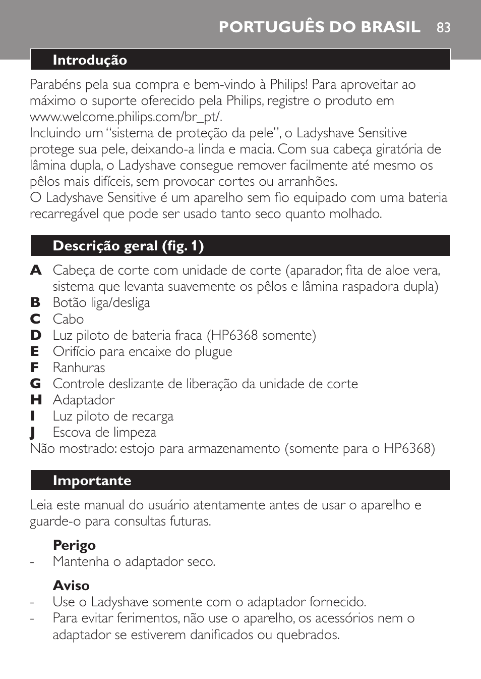 Português do brasil, Português | Philips Ladyshave Sensitive User Manual | Page 83 / 116