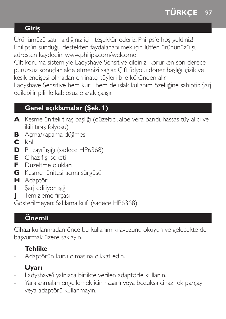 Türkçe, Türkçe 97 | Philips Ladyshave Sensitive User Manual | Page 97 / 116