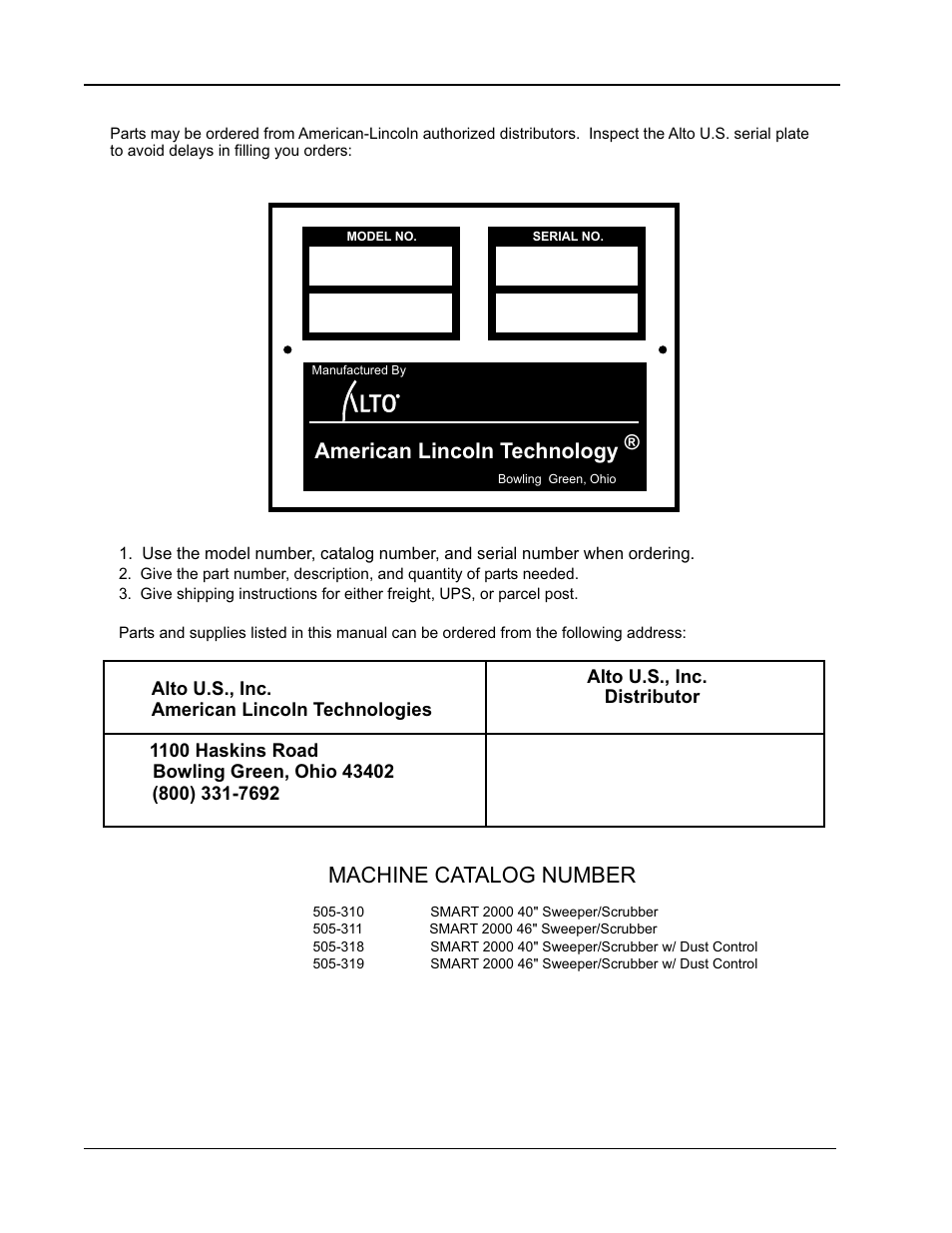 Ordering parts, Machine catalog number, American lincoln technology | Nilfisk-ALTO 2000 User Manual | Page 45 / 157