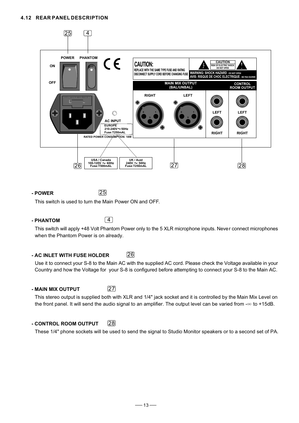 Caution, 12 rear panel description | Nilfisk-ALTO S-8 User Manual | Page 14 / 22