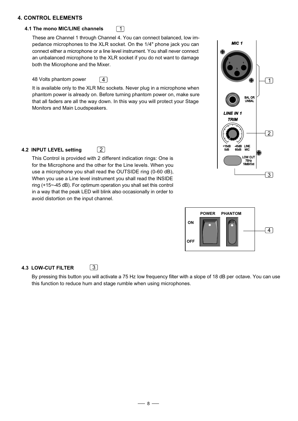 12 3 4. control elements, 1 the mono mic/line channels | Nilfisk-ALTO S-8 User Manual | Page 9 / 22