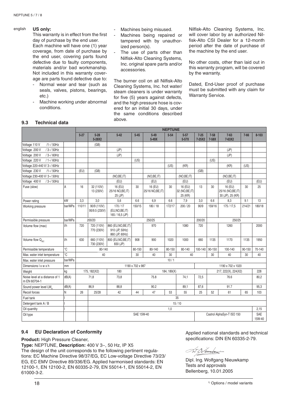 3 technical data 9.4 eu declaration of conformity | Nilfisk-ALTO NEPTUNE 8 User Manual | Page 20 / 21