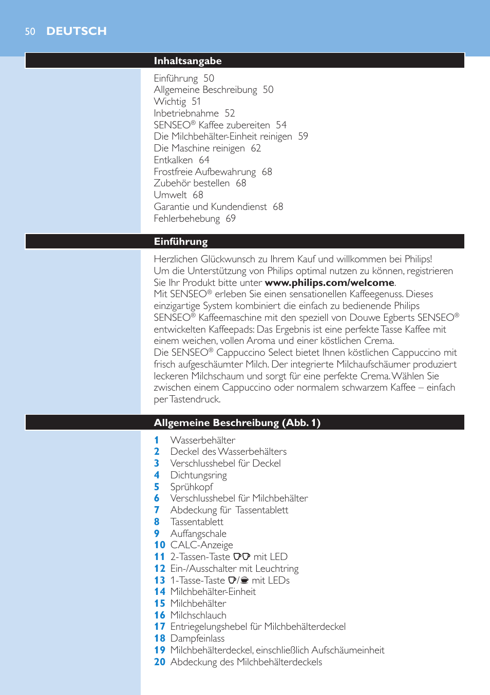 Deutsch, Deutsch 50 | Philips SENSEO® Kaffeepadmaschine User Manual | Page 50 / 162