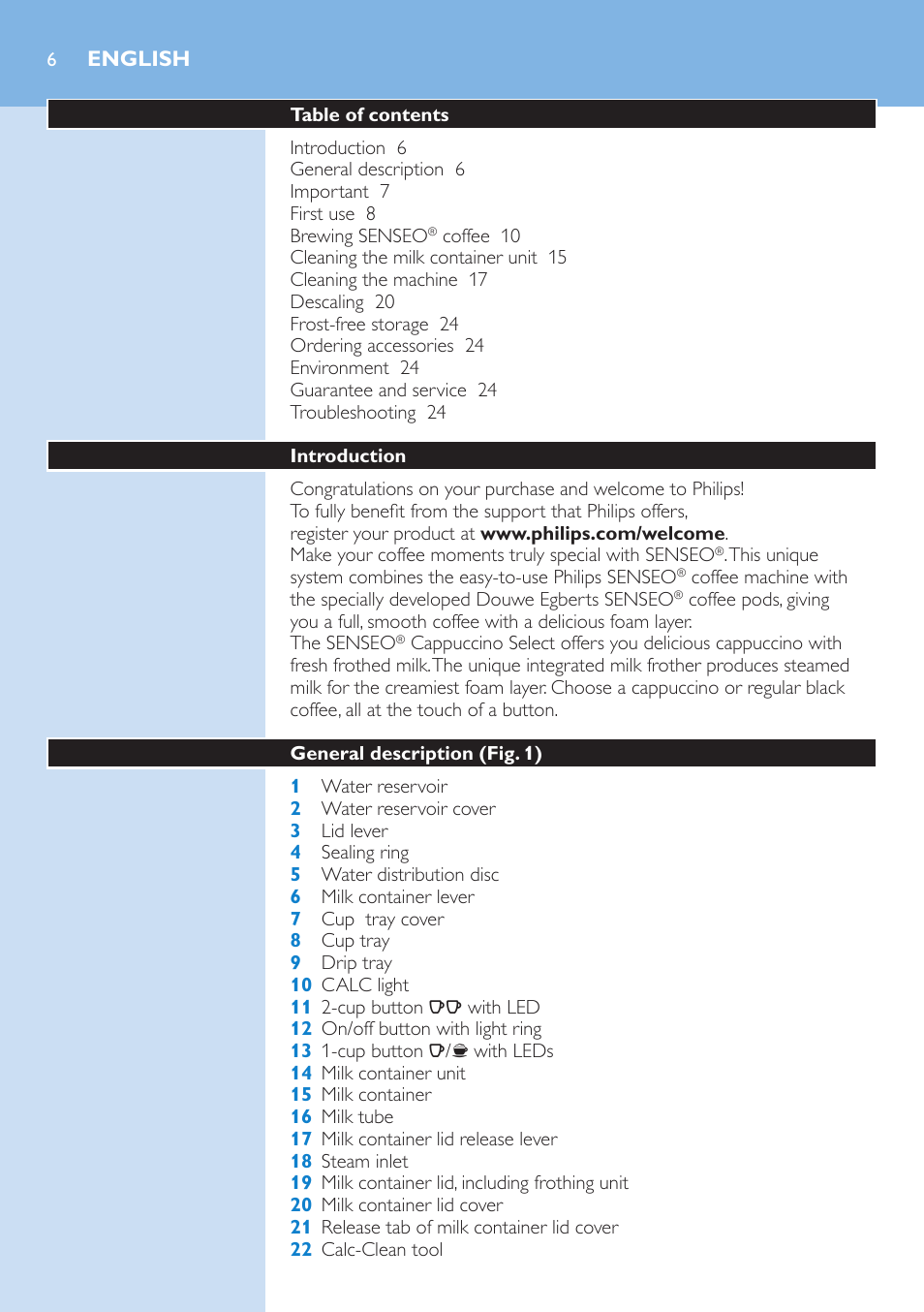 English, English 6 | Philips SENSEO® Kaffeepadmaschine User Manual | Page 6 / 162