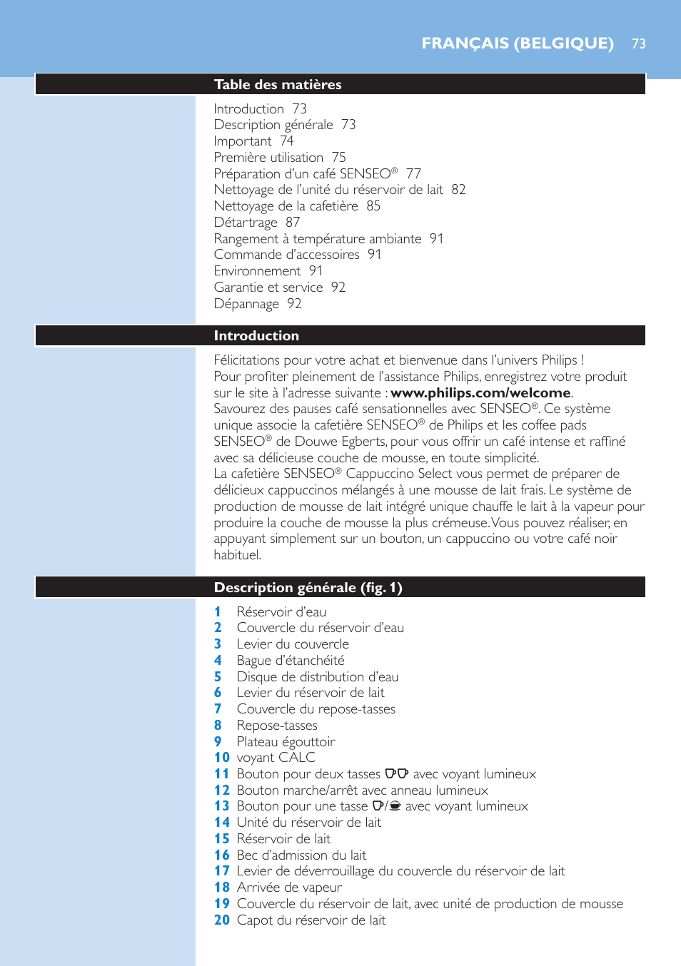 Français (belgique), Français (belgique) 73 | Philips SENSEO® Kaffeepadmaschine User Manual | Page 73 / 162