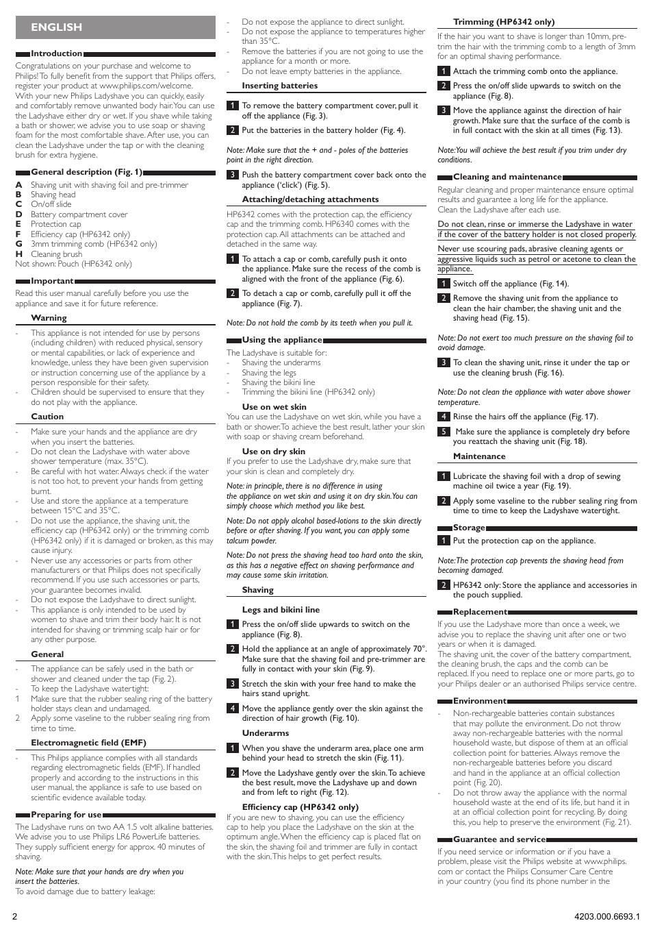 English | Philips Ladyshave User Manual | Page 2 / 11