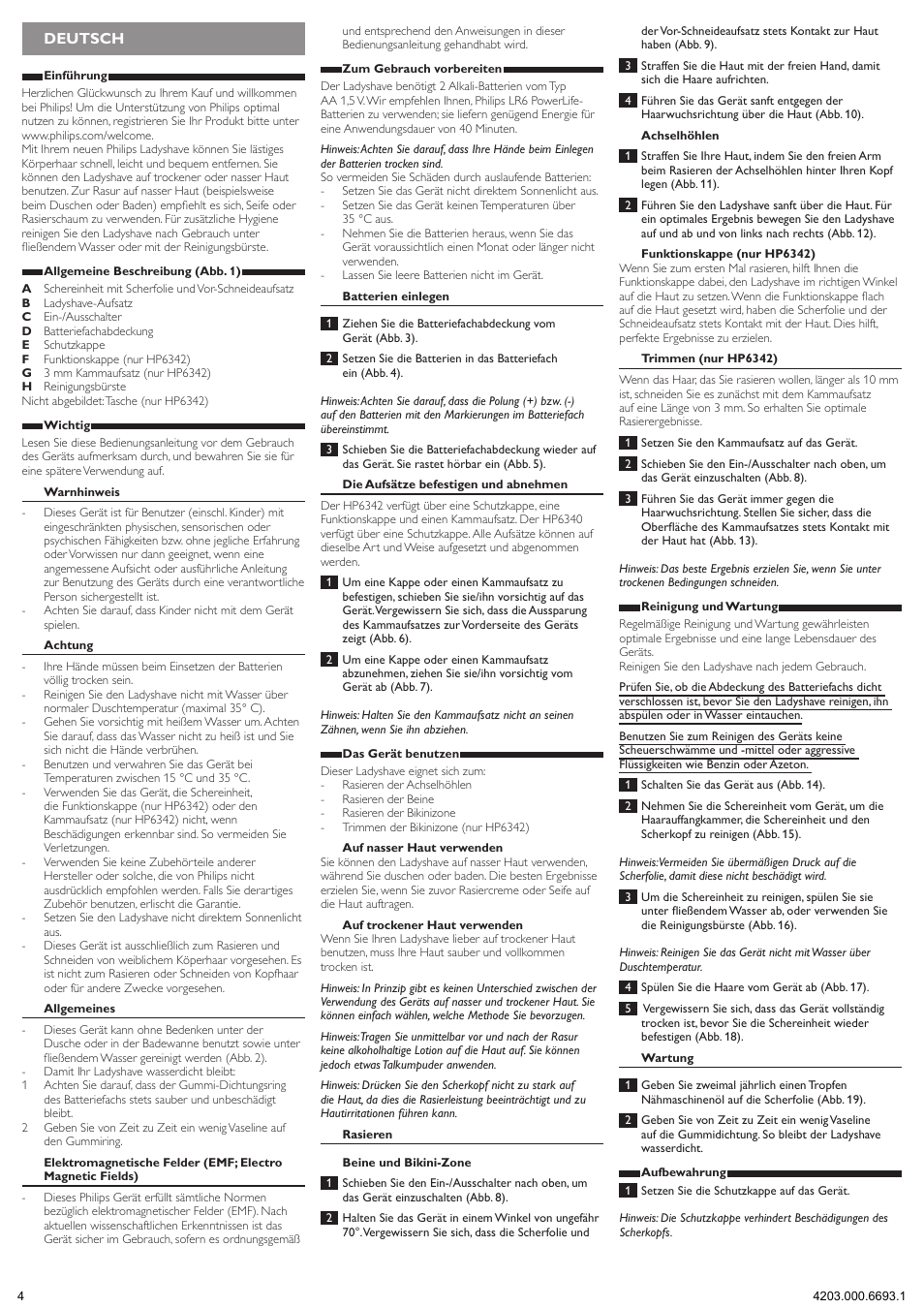 Deutsch | Philips Ladyshave User Manual | Page 4 / 11