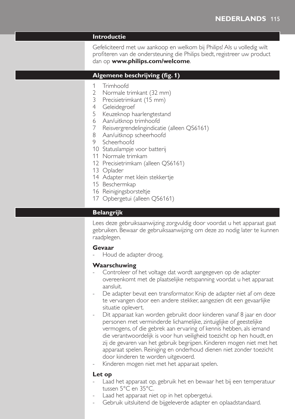 Nederlands, Nederlands 11 | Philips StyleShaver Wasserdichter Rasierer und Styler User Manual | Page 115 / 182