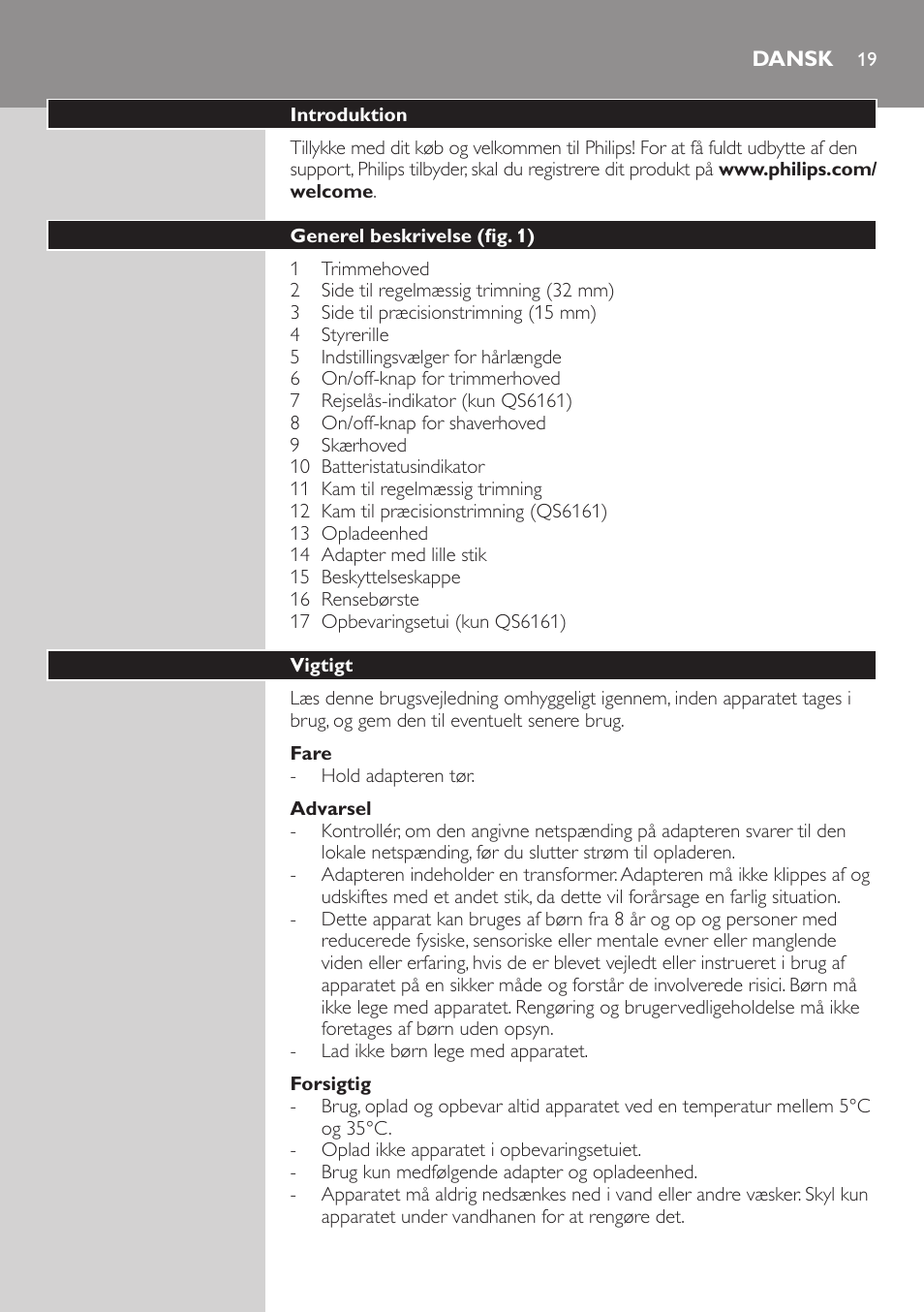 Dansk | Philips StyleShaver Wasserdichter Rasierer und Styler User Manual | Page 19 / 182