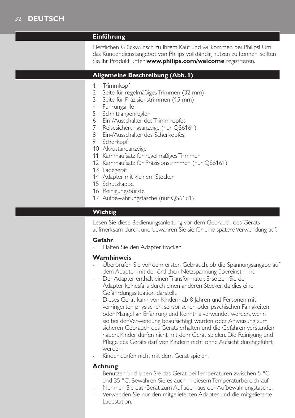 Deutsch, Deutsch 32 | Philips StyleShaver Wasserdichter Rasierer und Styler User Manual | Page 32 / 182