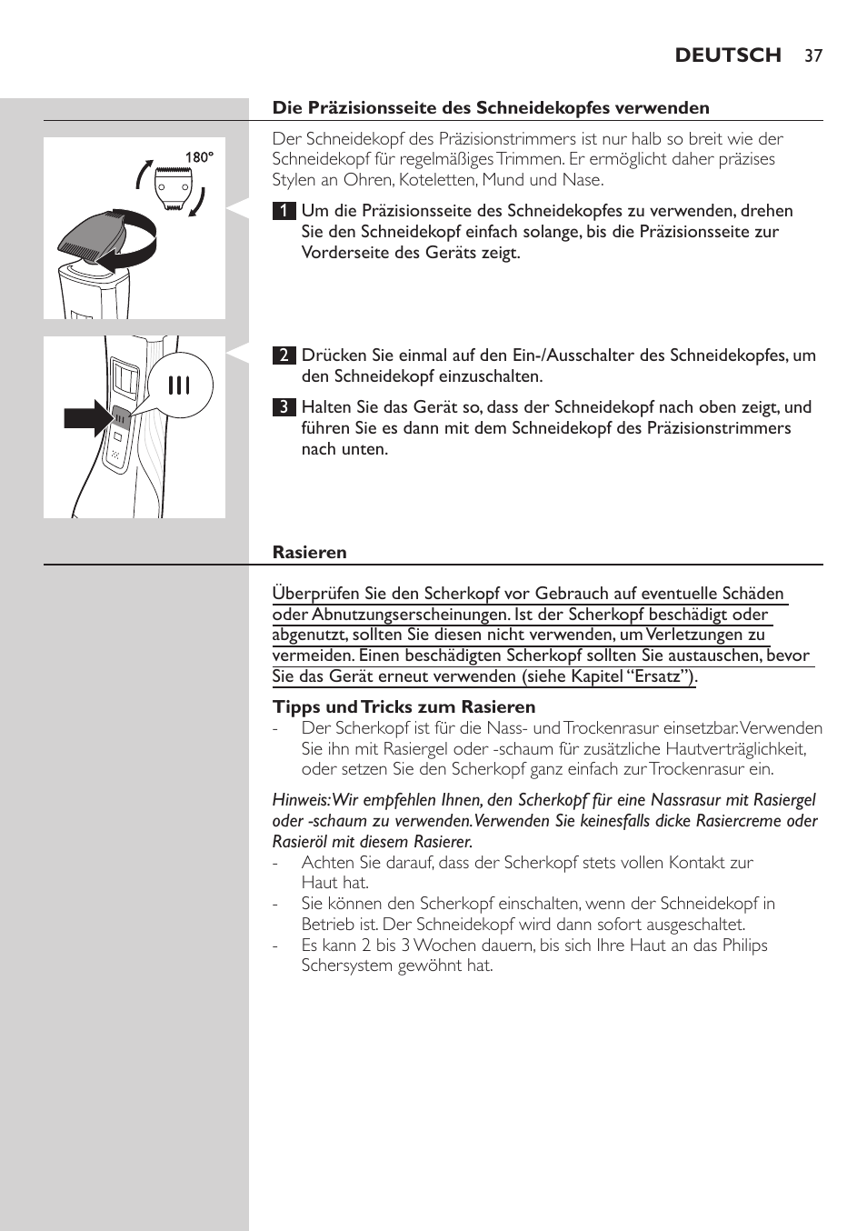 Philips StyleShaver Wasserdichter Rasierer und Styler User Manual | Page 37 / 182