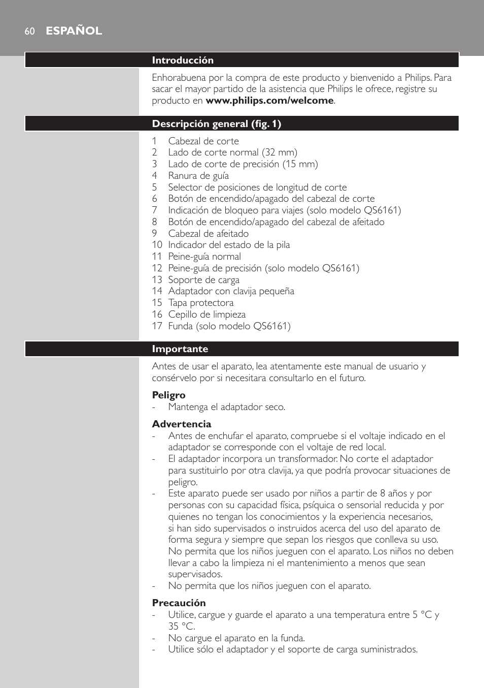 Español | Philips StyleShaver Wasserdichter Rasierer und Styler User Manual | Page 60 / 182
