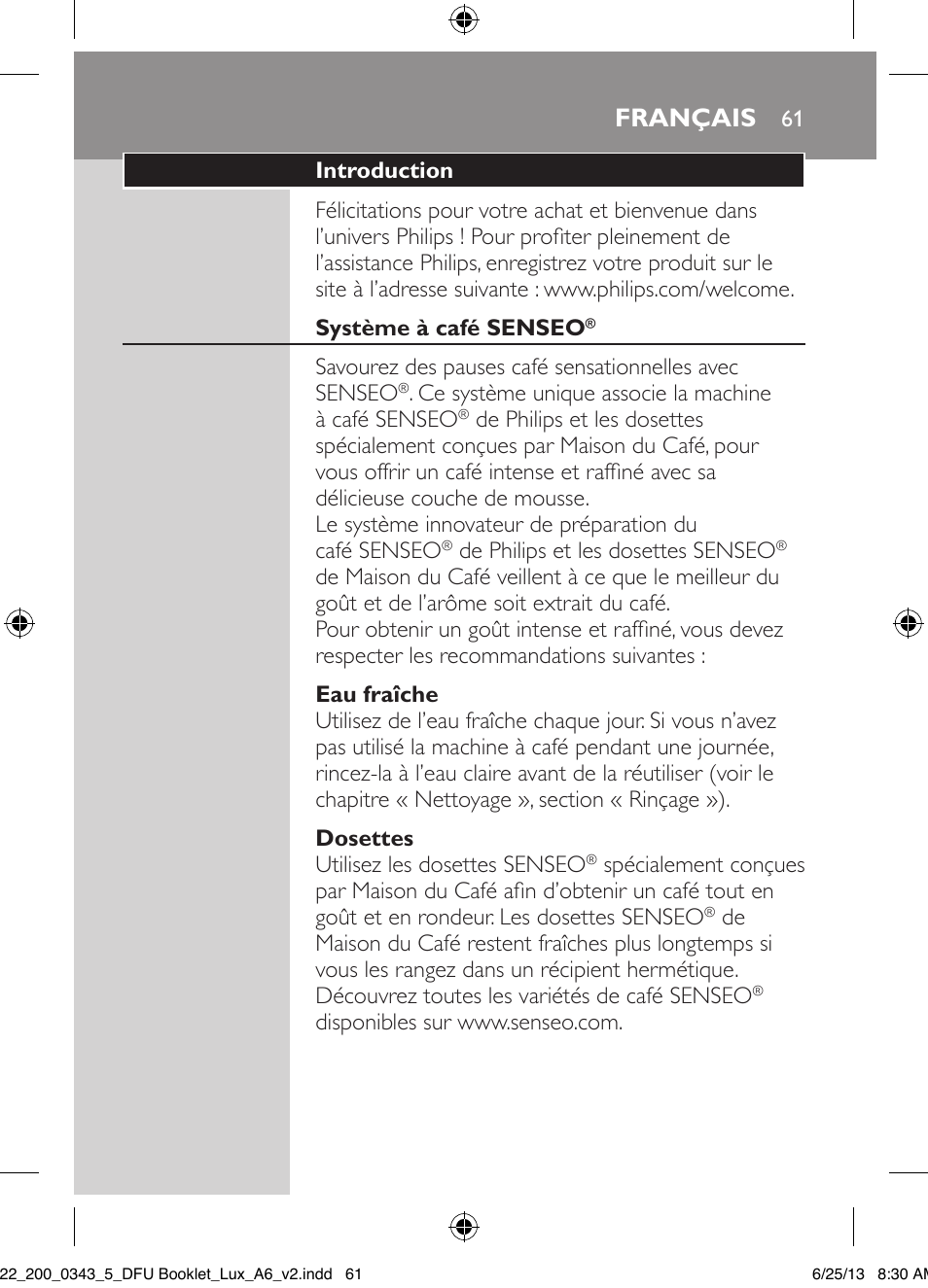 Français | Philips SENSEO® Viva Café Kaffeepadmaschine User Manual | Page 61 / 118