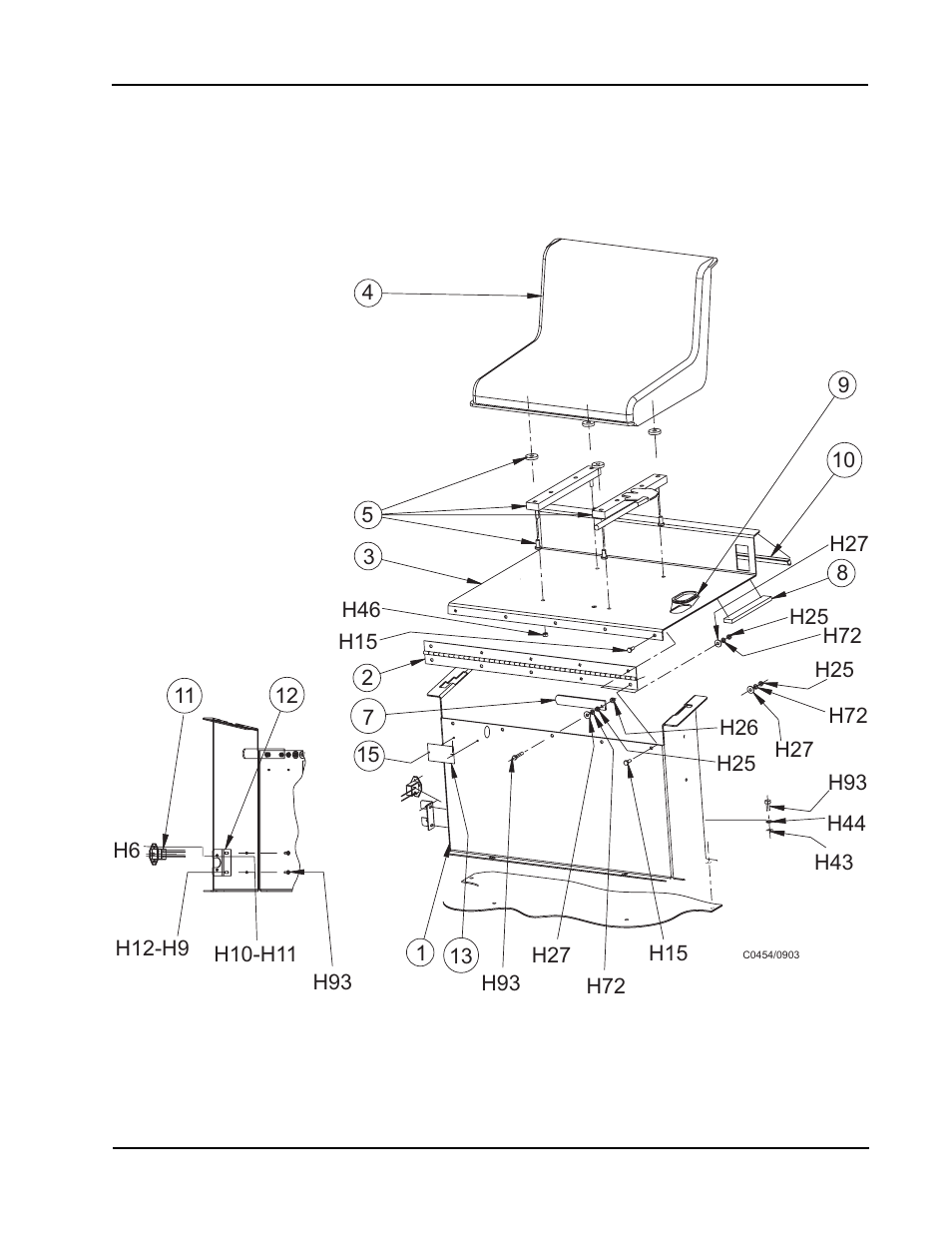Drive compartment & seat - exploded view | Nilfisk-ALTO 114RS SWEEPER User Manual | Page 44 / 74