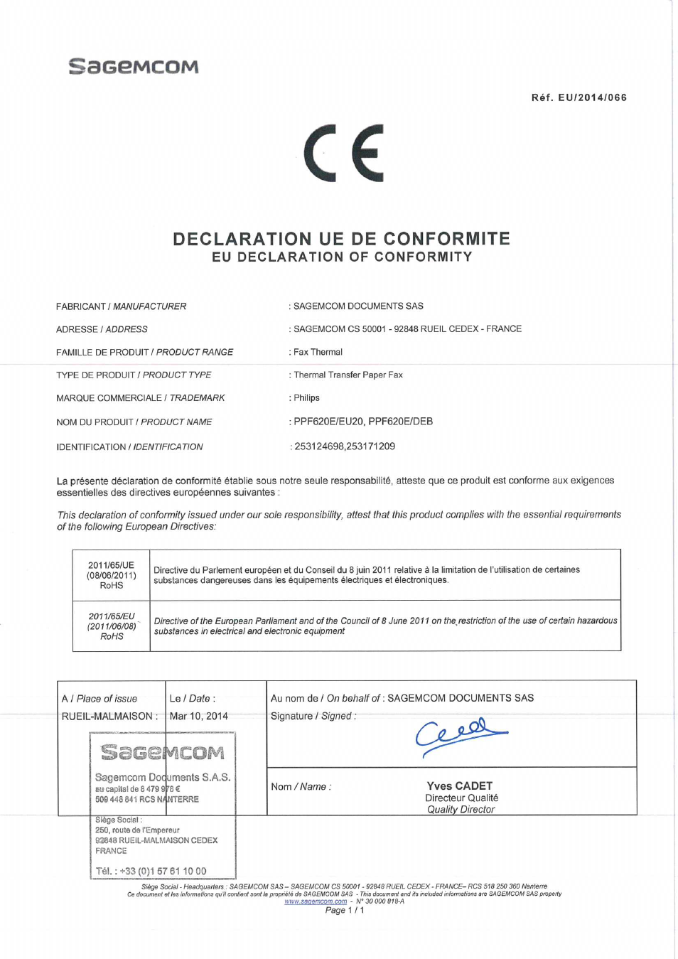 Saoei vscom, Declaration ue de conformite, Saggmcom | Philips Faxgerät mit Kopierer User Manual | Page 3 / 3