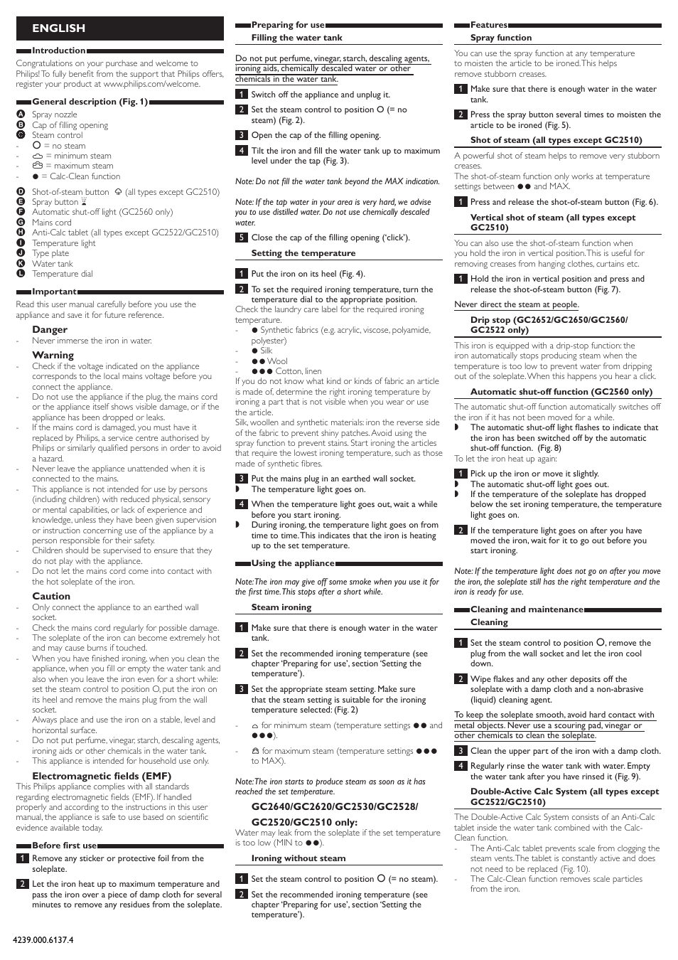 English | Philips 2500 series Dampfbügeleisen User Manual | Page 2 / 9