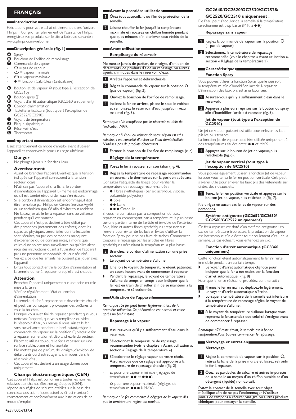 Français | Philips 2500 series Dampfbügeleisen User Manual | Page 4 / 9