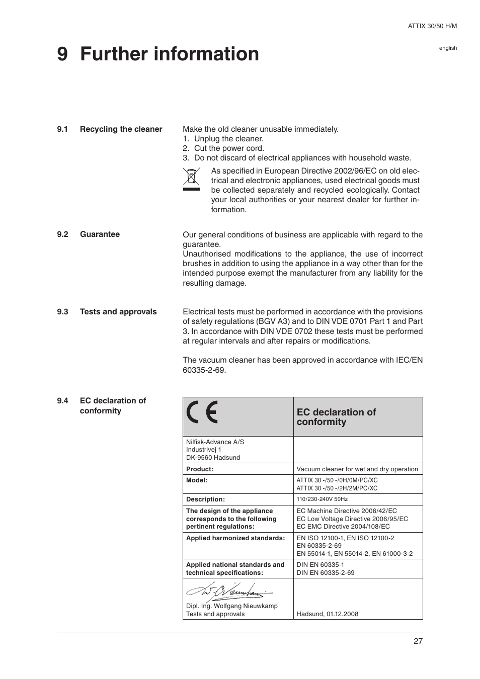 9 further information, Ec declaration of conformity | Nilfisk-ALTO 30 H User Manual | Page 29 / 32