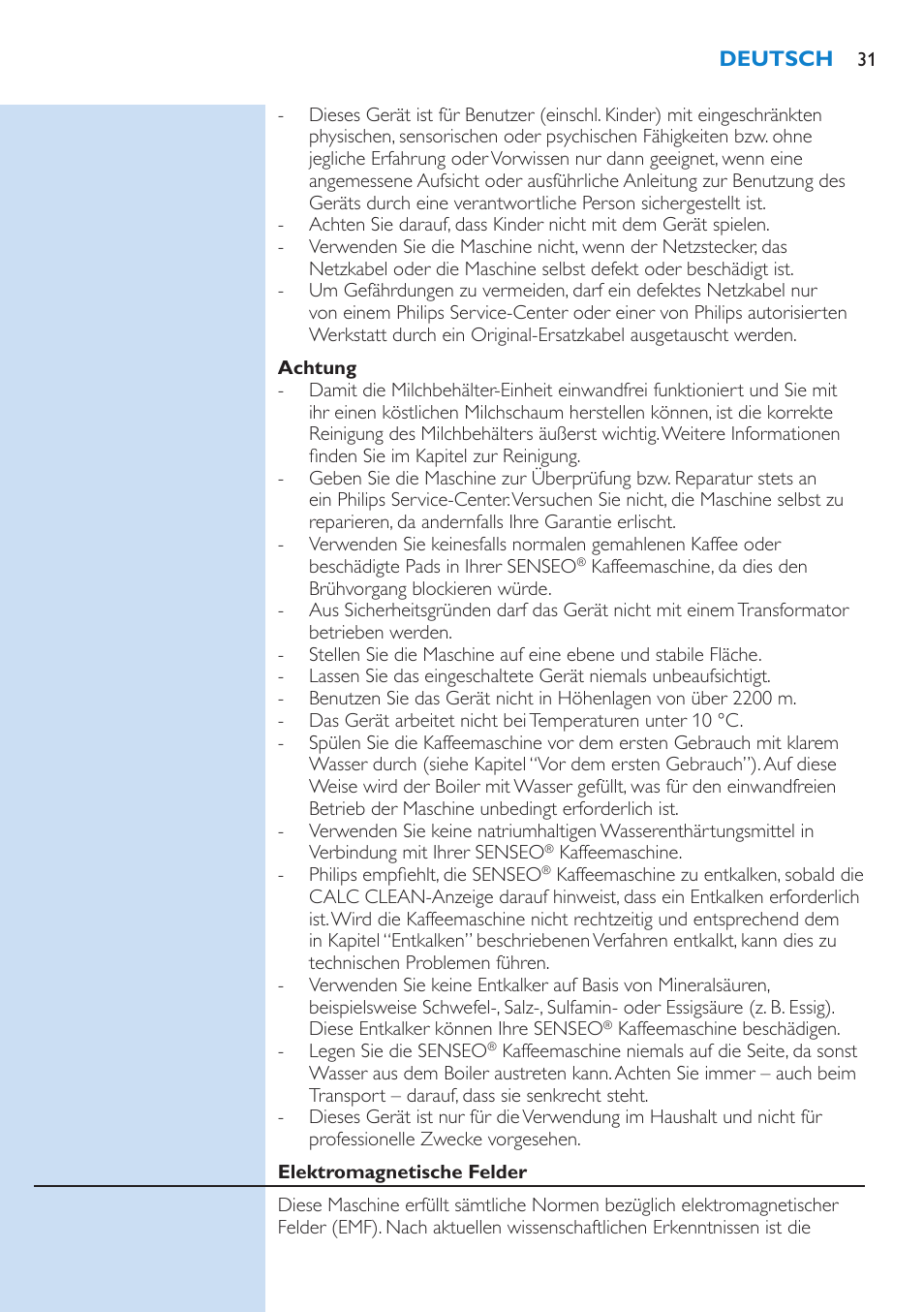 Achtung, Elektromagnetische felder | Philips SENSEO® Latte Select Kaffeepadmaschine User Manual | Page 31 / 102